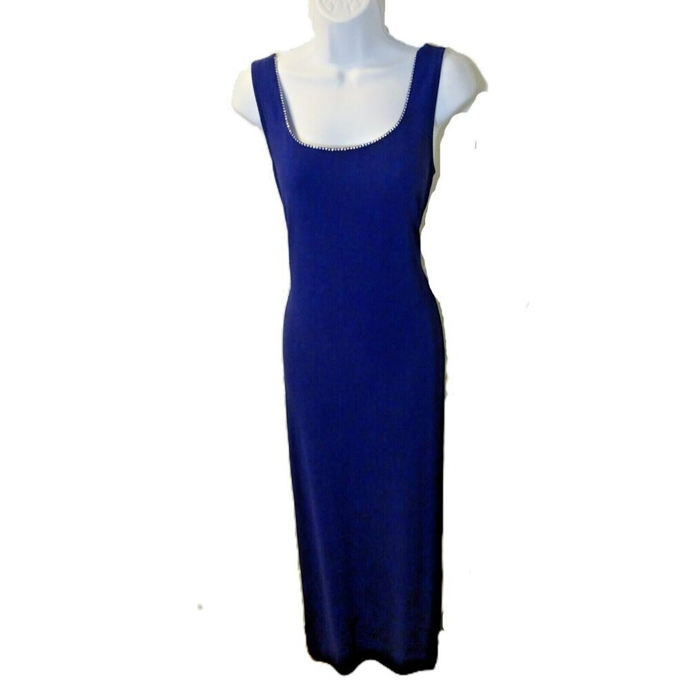 Alex‎ Evenings Navy Blue Rhinestone Scoop Neck Sleeveless Midi Dress Size 14P